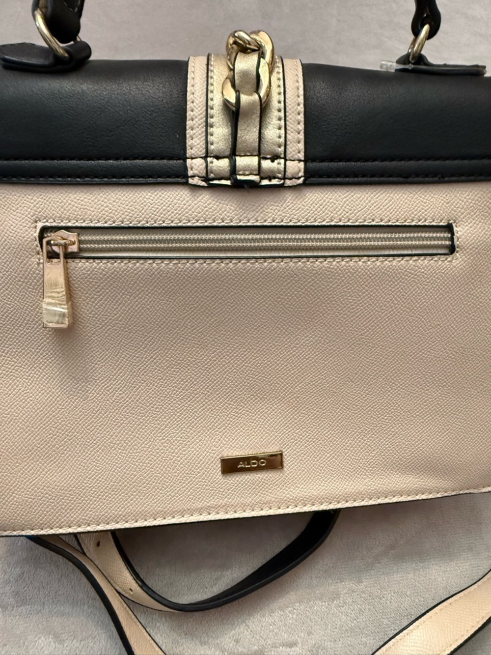 ALDO Black Beige Top Handle Satchel Crossbody Gold Chain Accent Structured Purse - Picture 4 of 11